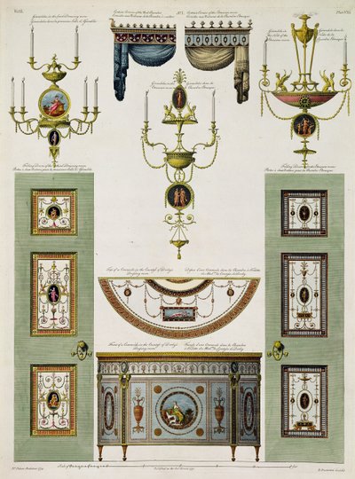 Ontwerpen voor gordijnkronen, girandoles en vouwdeuren, 1774 door Robert Adam